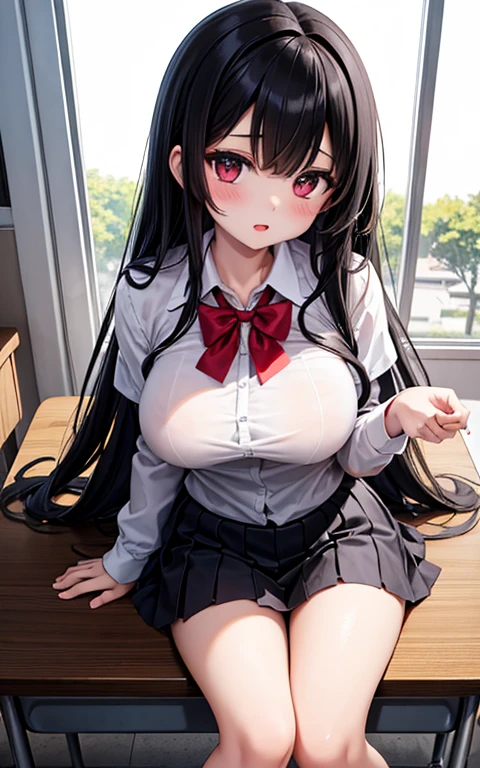 1 girl as yukino yukinoshita, absurdres, highres, solo, school uniform, big breasts, waist long black hair, (twintails:0.5), miniskirt, black thighhigh socks, loose red ribbon, unbuttoned white shirt, (ahegao:1.5), (rolling eyes:1.5), pov_doorway blush, looking_at_viewer, tongue out