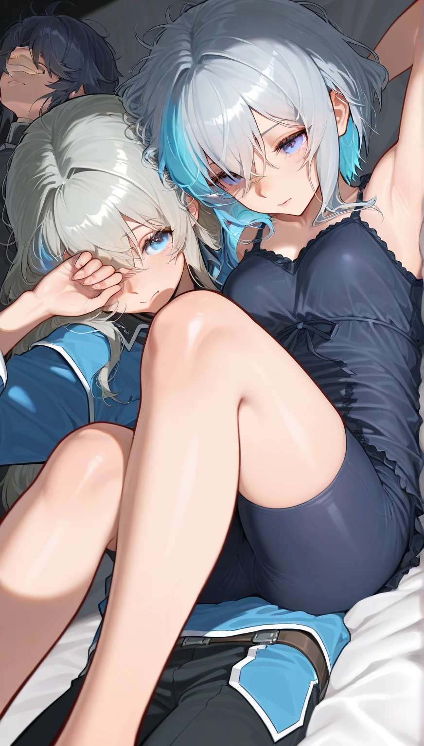 , 1 girl, pink hair, butterfly hair topper, black cardigan, white unbuttoned T-shirt, black bra, medium , plunging neckline, full length flat, looking at viewer, front view, in a room, sunlight, one bed in the background, 2d, masterpiece.