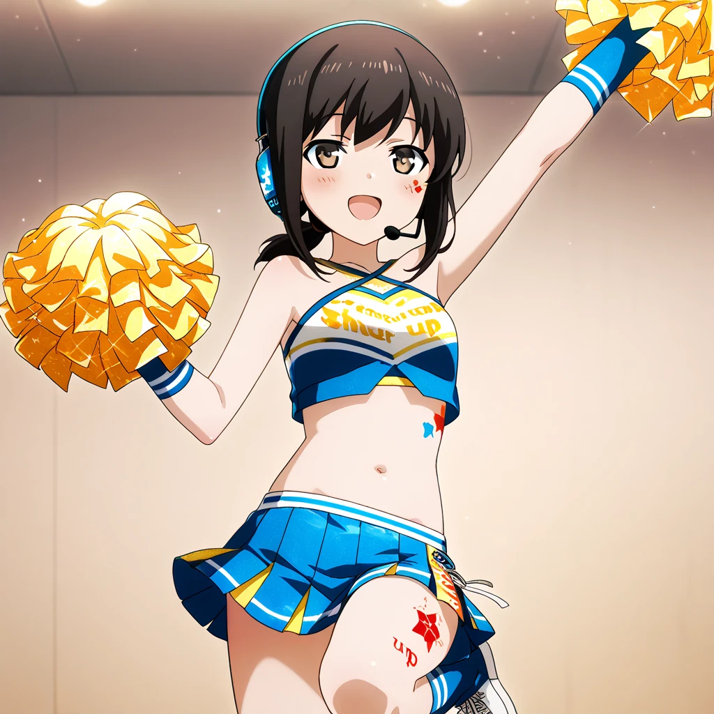 (extremely detailed fine touch:1.3), (((semi-rimless eyewear:1.3))), (wear headphones around:1.2), short hair, blunt bangs, 1girl, solo, 2.5d face, grin, cheerleader, holding pom poms, medium breasts, clavicle, cleavage, midriff, (Executing a high kick:1.3), Motion-blur, extremely detailed stadium,