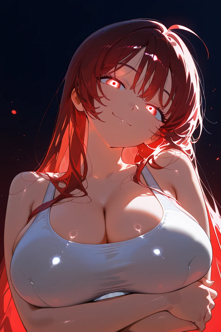 (Masterpiece:1.2, Best Quality), 1 woman, whole body, T-shirt, Casual, big breasts,by the wide vrojo, minimal makeup,pale,Natural fabrics, closeup face, evil smile, bright red eyes circular pupils,8K high resolution, detailed lines, ((whole body))