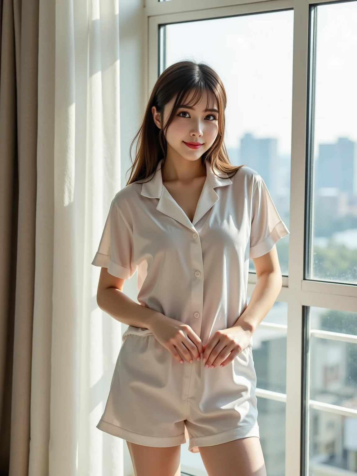 top Quority，Ultra-clear resolution,  ((Beautiful Chinese aunt).   Body.   Sexy.   Slim.   Thin.   Captivating.   Natural face.   No lipstick.   Messy Bun.   ( no Earrings-Earrings).

((Micro panties)),   ((breasted button-up. pajama sleep shirt)),    long legs_full body.    Pose.erotic.    sit down.     On bed