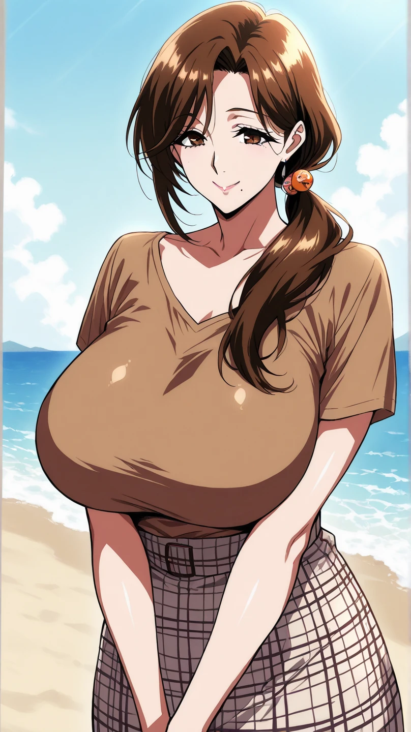 (beautiful detailed eyes:1.5, beautiful detailed face:1.2, beautiful detailed hair), Murrue Ramius, a woman, red eyes, blush, milf, wife, sexy, Curvy, (brown hair, long hair, bangs), (sagging large breasts:1.5), (negligee:1.5, no bra), arms behind back, upper body, standing, (Perfect detailed Anatomy, beautiful detailed hair, perfect female body:1.2, shiny skin), (thick outline, Beautiful outlines, black outlines), simple background:1.5, Breasts on Glass