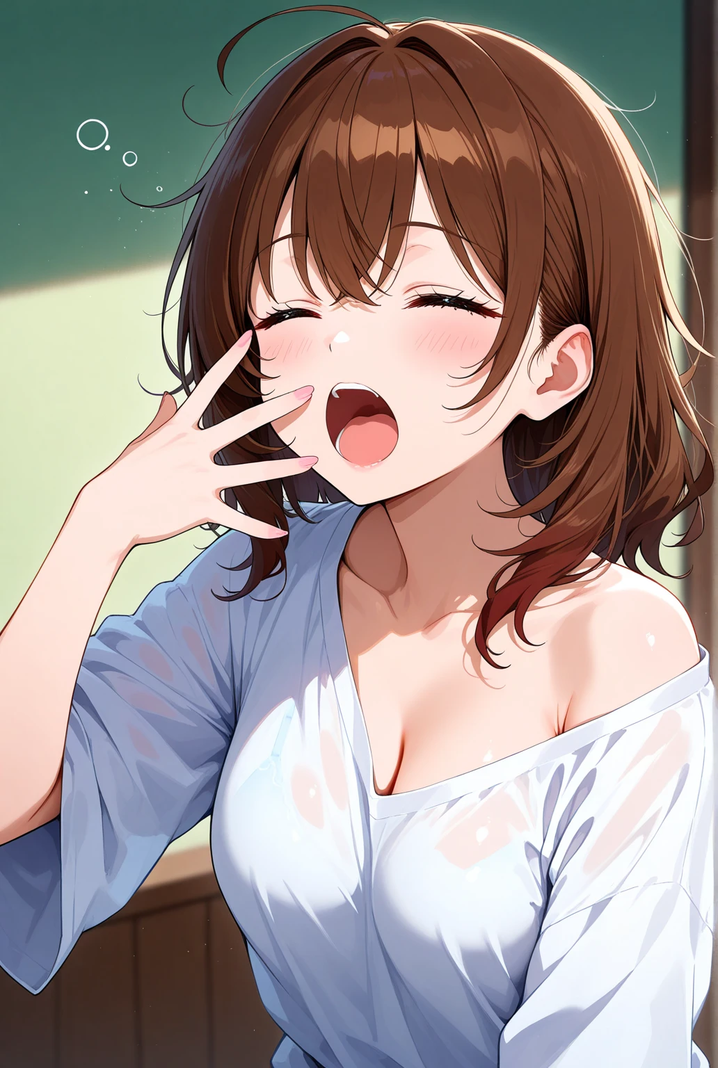 ((HDR, best quality, masterpiece, detailed, High Resolution)), (photorealistic:1.4), film grain, cleavage, shine, solo, woman, (cum in breasts, very many cum in the mouth, long tongue, blush, tongue out, drooling, saliva, blush, ahegao:1.2), shorts, sit on the ground , alley wall