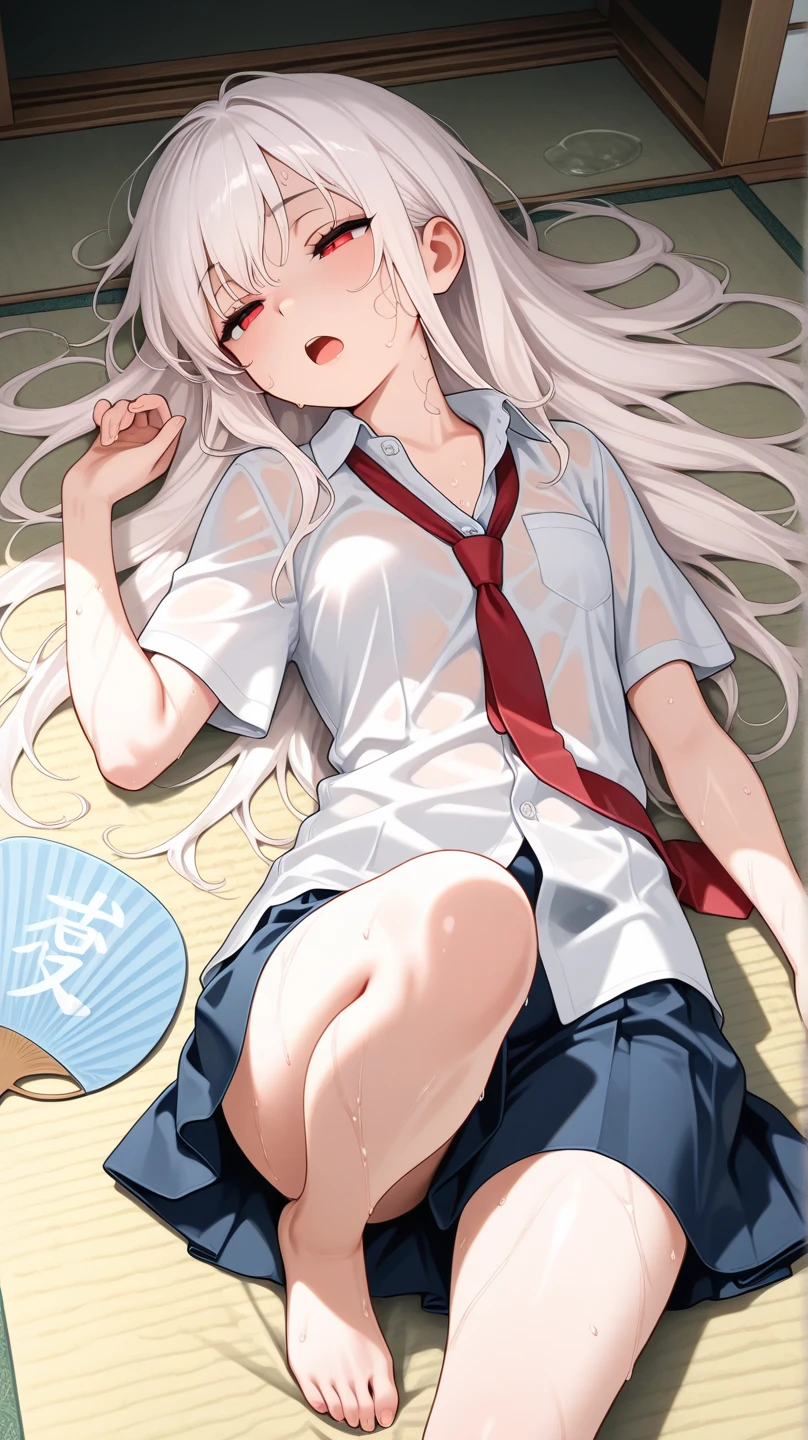 one-girl,Long white hair,wearing a Japanese school uniform,(white short sleeve)(Short blue skirt)The legs were sawed off,Lying on the red grass(Collapsed to the ground)(face towards the sky)(Legs straight)With his eyes closed,Disgusting face,blood spatter(Red filter),Bleeding from the mouth,Be covered in blood,gradually melt