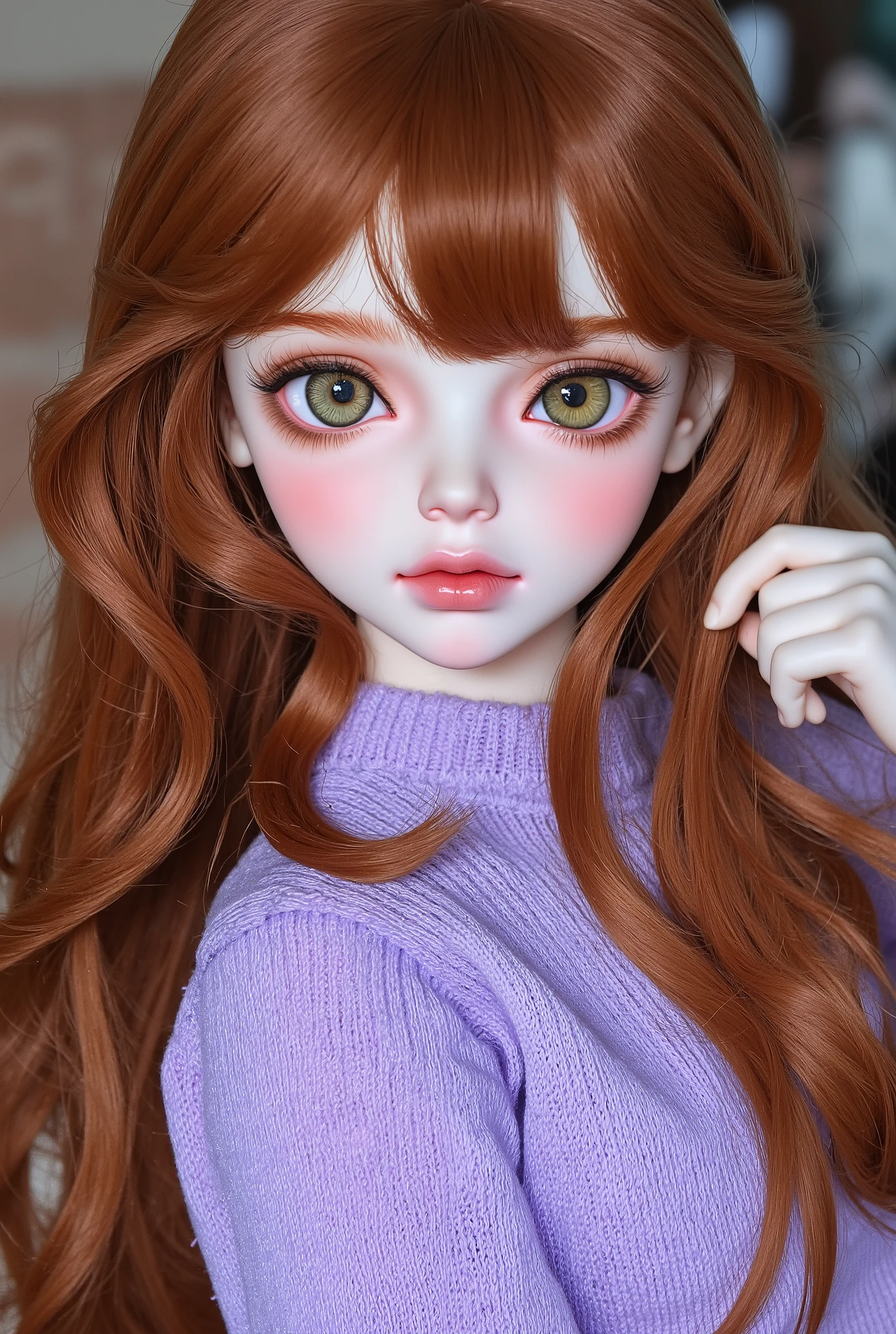 A girl, a doll, long wavy and falling brown hair, olive eyes, sharp, calm features, white skin, a glimpse of cherry lip gloss, beautiful, perfect, elegant looking, wearing a light purple sweater, bright and clear colors, high quality resolution,