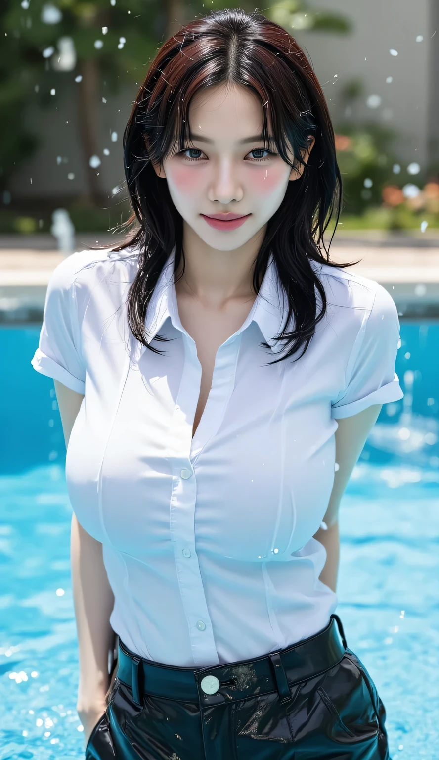 One girl、Short-sleeved white uniform shirt、Wet Hair、Wet body、Wet clothes、Clothes clinging to the body、Big Breasts、Big Tits、Wet Hair、Wet clothes、Wet body、Clothes clinging to the body、Water drops on chest、Emphasize cleavage、Nipples、Bust Shot
