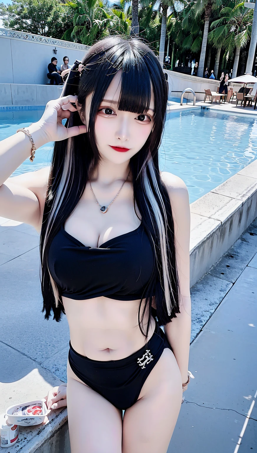 (masterpiece、highest quality、8k、32k、masterpiece、Viewing permitted:1.2)、One Girl、Long Hair Girl、Small face、Oval Face, Beautiful Japanese Women、Black-haired、Heavy bangs、Hair length、Accentuate your breasts、(Super big boobs:1.3), (jirai make, Jirai Girl,  glitter eye make、color contact lens:1.6, paradise:1.5, bimbo)白いcrazy Bikini、wet, 