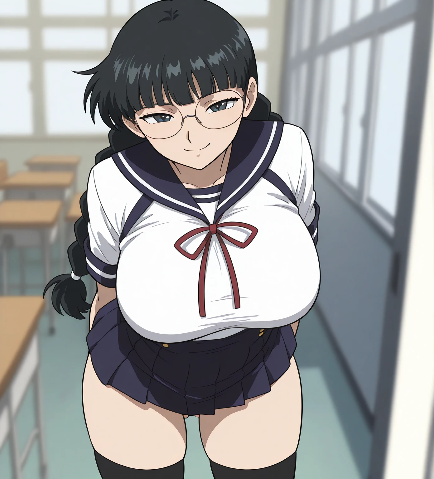 score_9, score_8_up, score_7_up, score_6_up, score_5_up, score_4_up, BREAK, source_anime, anime screencap, anime coloring, a stiff-looking beautiful female teacher, detailed beautiful big brown eyes, sagging breasts, dark large_areolae, hourglass body shape, 36 years old, black hair, skinny, One length medium bob hair, asymmetry_bangs, forehead, hair behind ear, Wears glasses, slingshot swimsuit, zettai ryouiki thighhighs, unshaven hairy natural public hair, unshaven hairy natural armpit hair, teaching in front of the blackboard, holding a chalk and a textbook, smile, classroom, thigh gap, many students