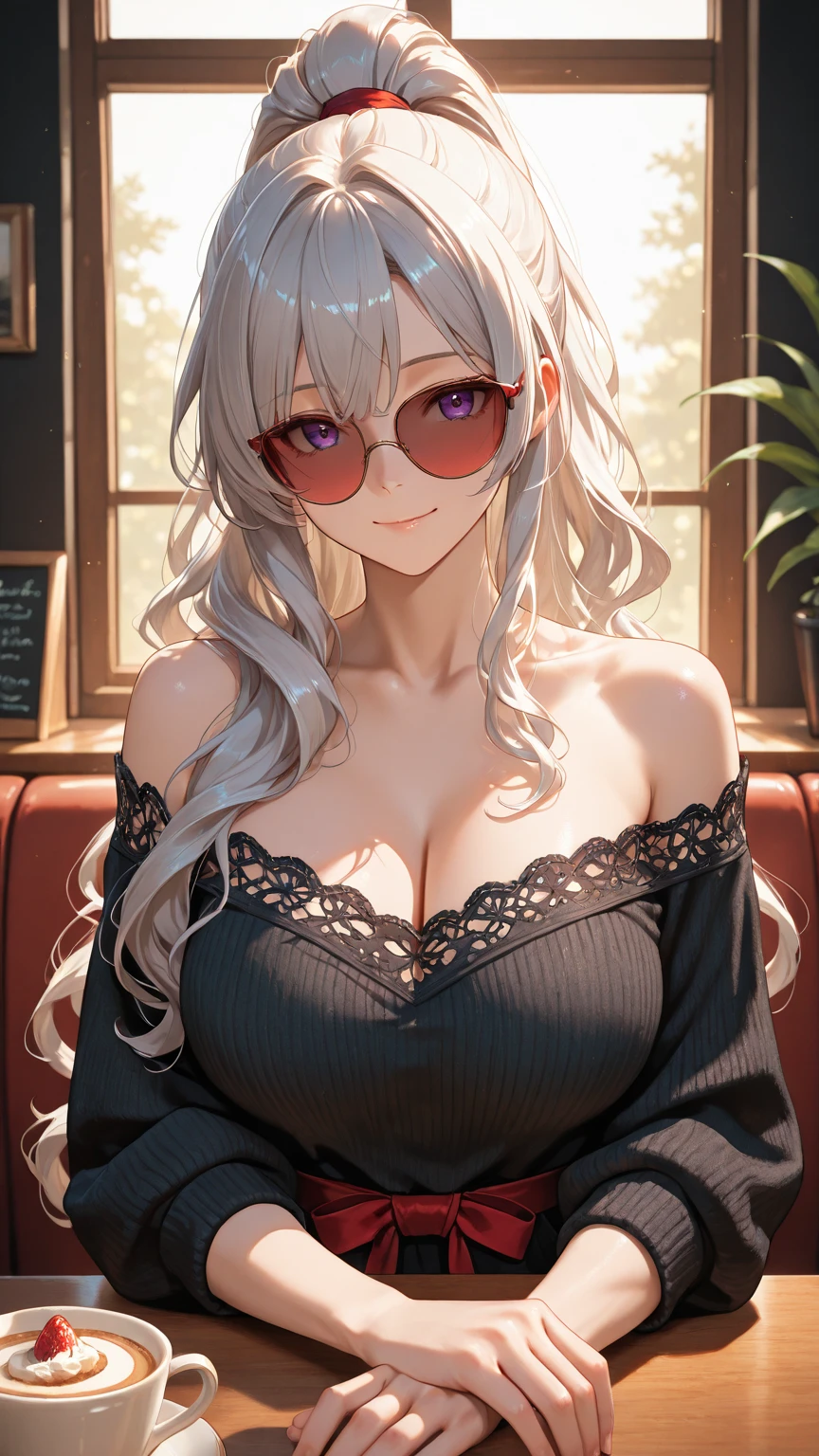 (masterpiece, best quality:1.2), (high resolution, 8K RAW photo, photo realistics, clear focus, weak outline:1.3), (cinematic lighting, moody, textile shading), pov, (solo:1.5), 1 matured woman, 24 years old, (milf:1.5), ((nfsw:1.5, fuge breast:1.3, sagging breast, big tits, breast cleavage, harass sexually, in heat, presenting)), ((Bright beautiful eyes:1.3)), (sitting on stool in a BAR counter, lying face down on the counter with putting arms on the counter top, looking at viewers, cocktail glass), raised sexy, (little happy smile:1.3, shamed), light purple mesh on silver hair, medium long hair, hair over one eye, asymmetric hair, half updo hair, blue eyes, wearing light-purple sexy party dresses, long skirt with side slit, wearing white see-through shawl around your shoulder, (Luxury detailed accessories, necklace, earrings, Bracelets), bokeh, dynamic angle, leaning to side:1.2, close-up face:1.5, full body, from below:1.2, (correct anatomy:1.6, ideal ratio of body proportions, correct hand:1.5, small hands), in a night, darkroom,