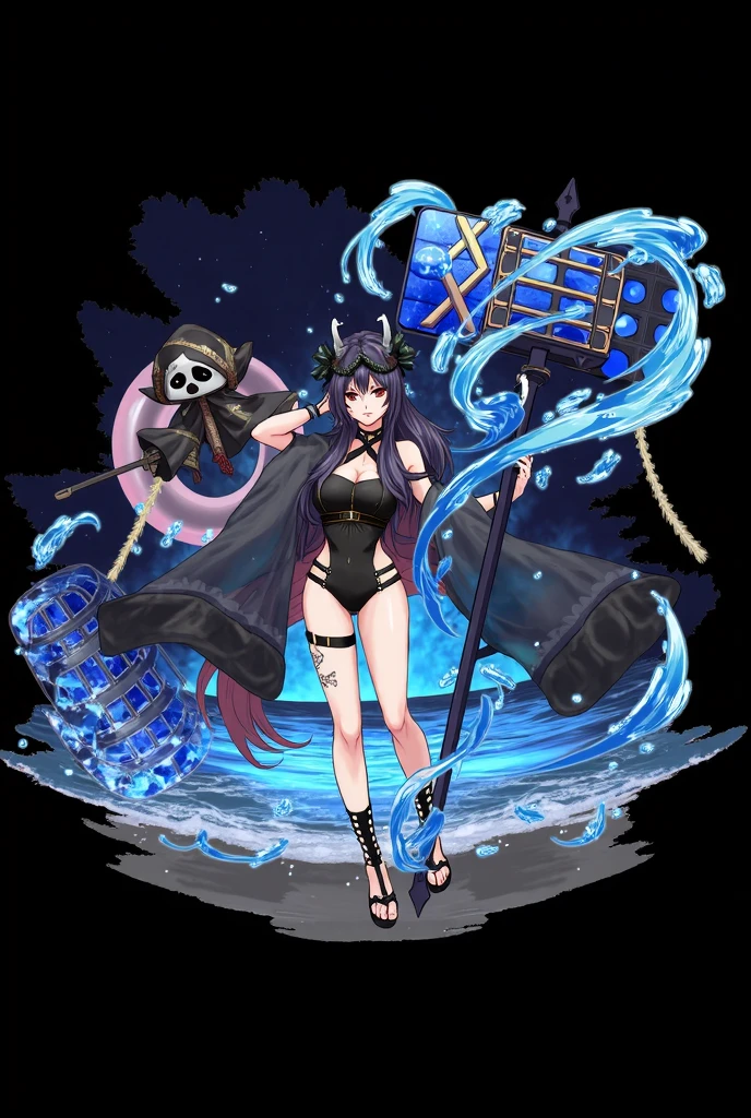tachi-e,1girl, breasts, barefoot, long hair, solo, large breasts, cleavage, staff, underwear, panties, bell, anklet, jewelry, bare shoulders, black background, looking at viewer, see-through, full body, yellow eyes, black hair, hair ornament, very long hair, parted lips, feet, bangs, simple background, water, jingle bell, bare legs, toes, black panties, legs, holding staff, ribbon, choker, holding, thighs, collarbone,<lora:sdxl_bilan_pro_half:0.4>,