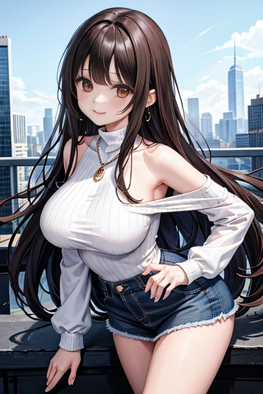 Anime Kawaii sexy Perfect Slim sensual body large breast and huge thighs, An intricate and highly detailed illustration of anime (Young girl)  (work of art, best qualityer, ultra detali, high resolution, 4K),(beautiful detailed eyes),(very highly detailed face),(1 girl),HDR,long hair, shorts, phone, eyes browns, chestnut hair, cellphone, bracelet, regatta, jewerly, to attend, lips, focus only, glaze, blurry background, ssmile, wristto attend, realisitic, blurry, gazing at viewer