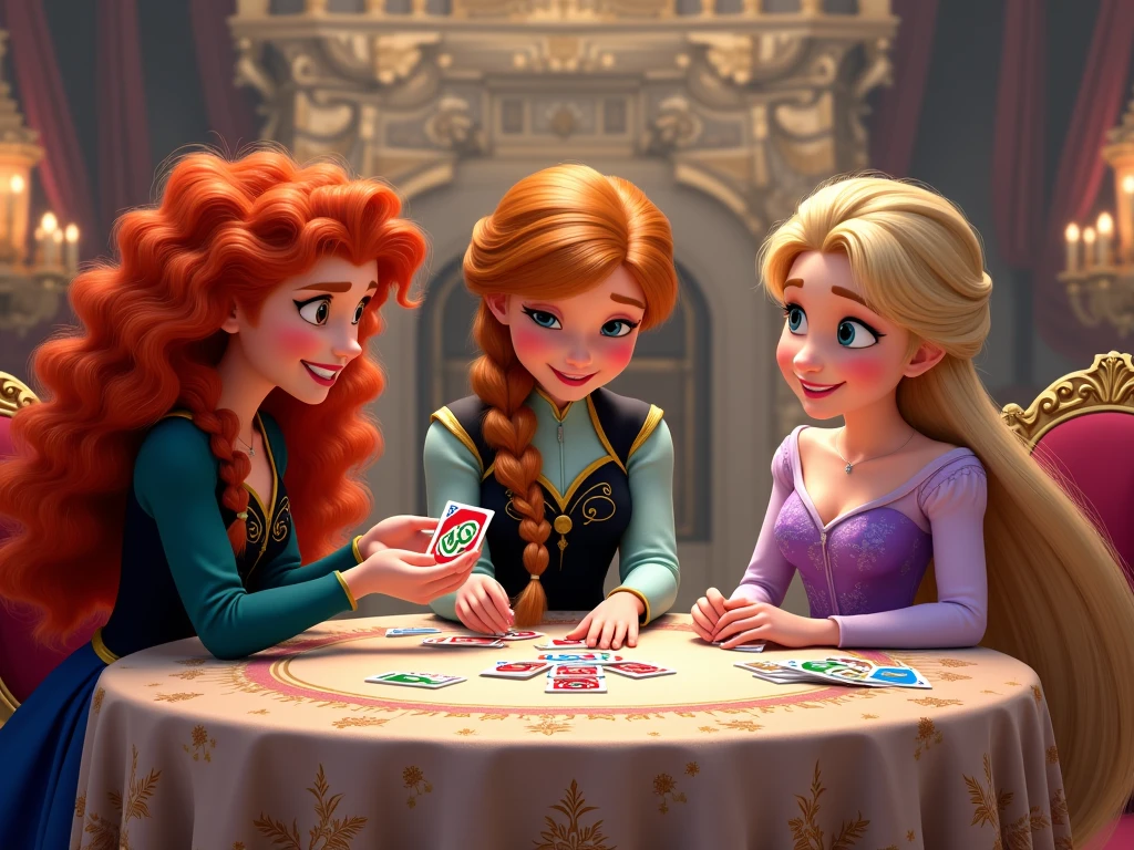 Disney Princesses having fun playing poker at a round table at a pub. Pixar, Disney, concept art, 3d digital art, Maya 3D, ZBrush Central 3D shading, bright colored background, radial gradient background, cinematic, Reimagined by industrial light and magic, 4k resolution post processing