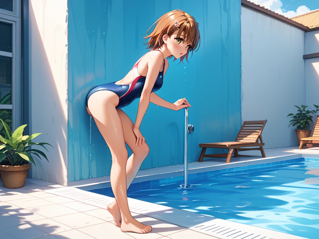 1 girl, alone, high quality, big tits, beautiful, slender, shoot from above, embarrassing, blush BREAK arm off screen:2, crawling position on their hands and knees:1.3, seductively posing on all fours on a bed, looking up flirtatiously, (leaning forward:1.3), (hands on knees:1.3), school swimsuit, pool
