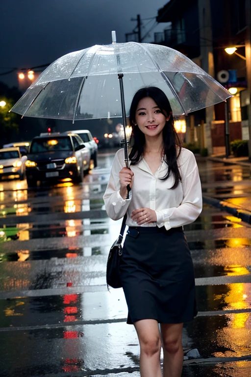 heavy rain,Daytime,Walking on a wet city sidewalk ,drenched, Dripping, Wet Face,Wet clothes, Wet Skin, Wet Hair,(A young woman with a cute face like an idol),(((Cleavage))),(business suit),(mini skirt),((Full body portrait)),RAW Photos,Genuine,Genuine,High resolution,RAW Photos,masterpiece, beautiful