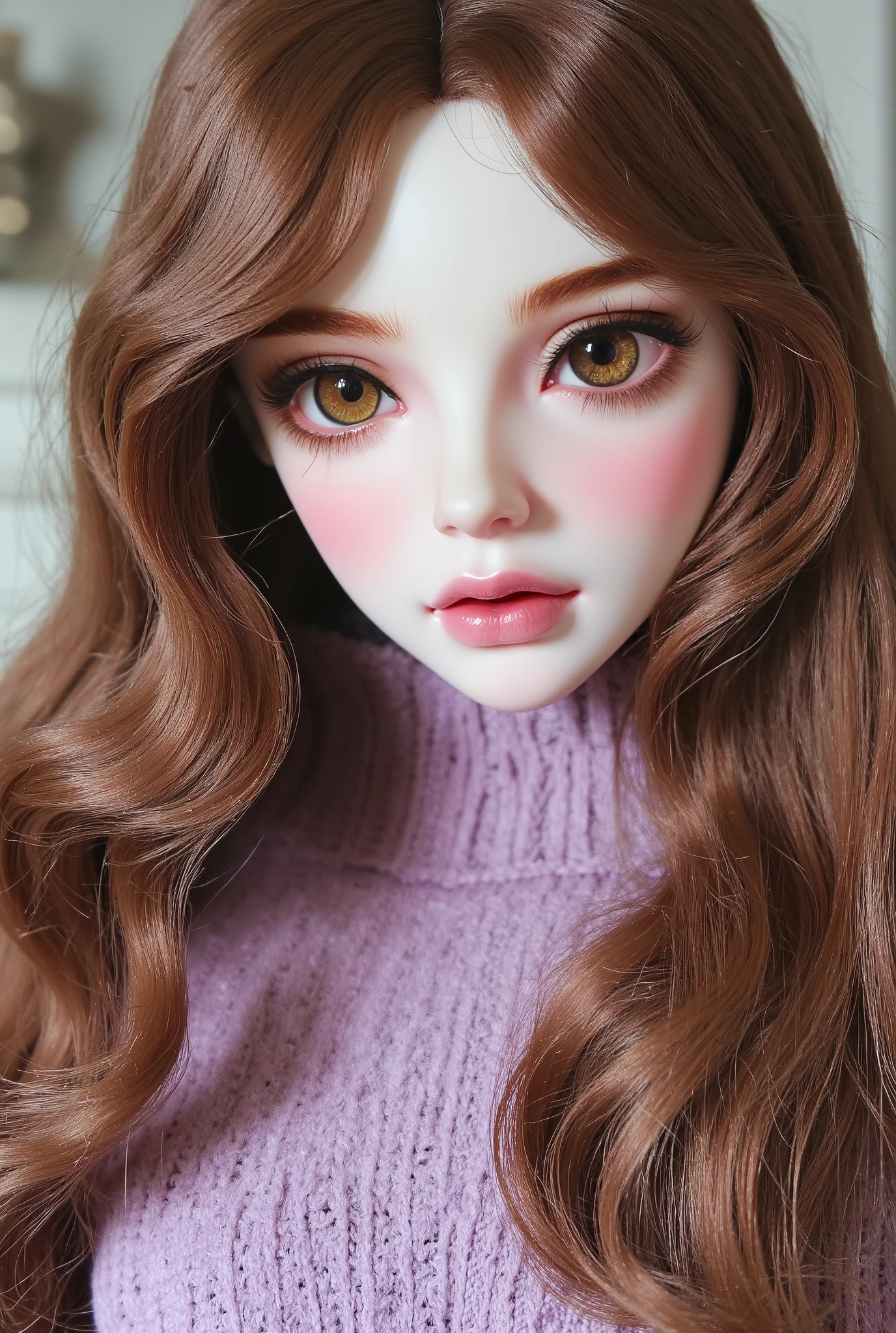 A girl, a doll, long wavy and falling brown hair, olive eyes, sharp, calm features, white skin, a glimpse of cherry lip gloss, beautiful, perfect, elegant looking, wearing a light purple sweater, bright and clear colors, high quality resolution,