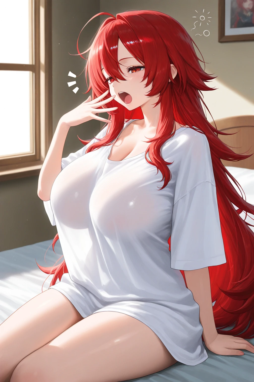 sheer white T-shirt、Solo,Red hair、((long ponytail:1.5))、big breasts,shy,surprised、open your mouth wide、blush、medieval bedroom、sit on the bed、black panties、green EYE