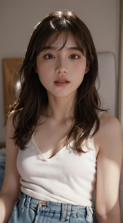 ((beatiful japanse girl:1.3)) ((under wear:1.2)) ((sweat:1.4)) ((hotel:1.3)) ((on the bed:1.2)) ((thin_fabric:1.4)) (( breasts)) ((close-up:1.3)) best quality,masterpiece,ultra high res,(photorealistic:1.4),raw photo,(Authentic skin texture:1.3),(film grain:1.3),panorama,character portrait,very wide shot,narrow waist,cowboy shot,(in the dark, deep shadow, low key, cold light,) night,(()),streaming tears,,dust,Tyndall effect,(expression),1girl,beautiful detailed eyes and face,white jabot,brown eyes,((brown hair:1.2)) ((full body:1.3)) ((long hair:1.2)) ((random sexy pose:1.3)) ((wet)) ((embarrassed:1.3))