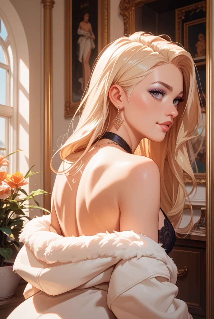 (best quality: 1.2), clean face, (masterpiece: 1.2, 8k) perfect anatomy, 1 girl) a beautiful fashion model ,(masterpiece, official art, best quality shiny hair, blonde hair with streaks in hair, full lips, big breasts, slutty outfit, cleavage, shiny breasts,shiny skin, looking at viewer, (slave dancer outfit), long abdomen, horizontal, lounging, a single girl