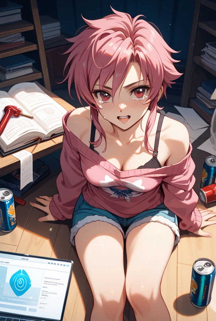 ((Highest quality)), ((masterpiece)), ((detailed)), (4K), 1girl, 独奏, magenta hair, short hair, Tube top, denim shorts, straddling, large breasts, angry, looking at viewer, (from above), (face focus), town, sweat