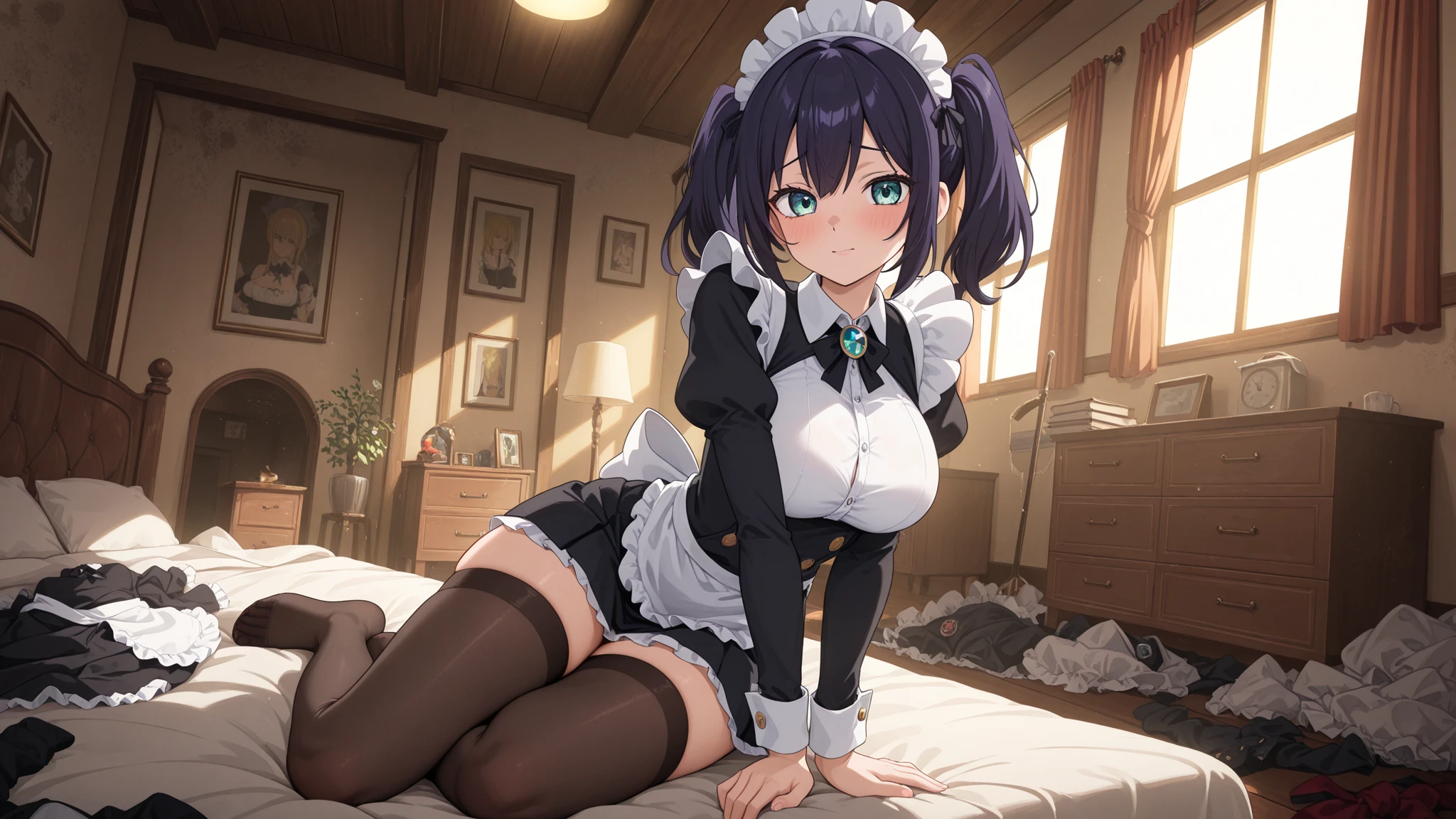 masterpiece, best quality, ultra-detailed, illustration, warm lighting, bright colors, 1girl,solo, short hair, black hair, green eyes, elizabeth_pendragon, hair_between_eyes,
1girl, apron, black_bow, black_bowtie, white_dress, blinds, book, bow, bowtie, cleavage, cleavage_cutout, closed_mouth, clothing_cutout, cup, dress, frilled_dress, frills, fruit, full_body, garter_straps, hair_twirling, hand_on_own_thigh, hand_up, indoors, lamp, legs, legs_up, long_hair, looking_at_viewer, maid, maid_apron, no_shoes, panties, puffy_short_sleeves, puffy_sleeves, short_sleeves, sitting, solo, stirrup_legwear, thighhighs, thighs, underwear, white_apron, white_garter_straps, white_panties, white_thighhighs