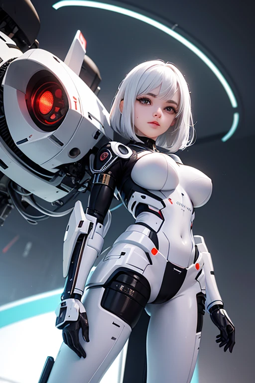 cultivation tank, (16K RAW Photo ),(CanonEOS, Lens, 85mm F1.2, ISO100, ShutterSpeed500), ((nudity)), ((masterpiece, best quality, beautiful and aesthetic:1.0)), ((ultra-detailed)), cinematic light, ((1girl:1.3)), (character focus), smile, looking at viewer, ((white and silver cybernetic implants)), blood vessels connected to tubes, mechanical vertebra attaching to back, ((colored electronic cables and chips:1.0)), (((full of optical fiber cables that are wired in the implanted parts in the body covered translucent metallic skin:1.0))), ((large breasts:1.0)), ((mechanical limbs)), biomechanical, ((Colorful high ponytail)), (machine made joints:0.8), ((mechanical headphones)), ((body of precision machine:1.0)), (wires and cables attaching to body:1.2)), (in container:1.6), (mechanical parts:0.5)