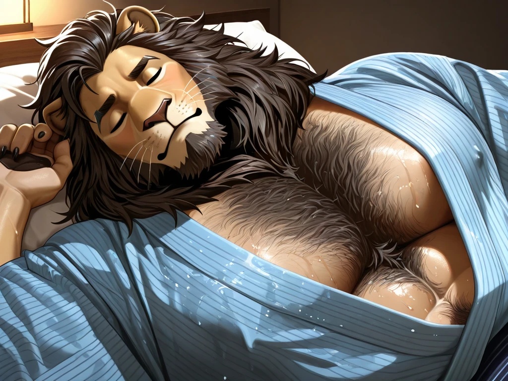 (by narse, by null-ghost, by darkgem, by personalami) older male,old chubby lion,(Brown fur:1.2),(dark blue long hair:1.4),(facial hair:1.2),(hi res, best quality, high quality, detailed, shaded, shading, masterpiece:1.2), detailed eyes, detailed clothing, smirk, seductive smile, hairy chest, lying in sofa, indoors, night, (oversized white loose_boxers:1.6), (posing),full body,(lion tail)