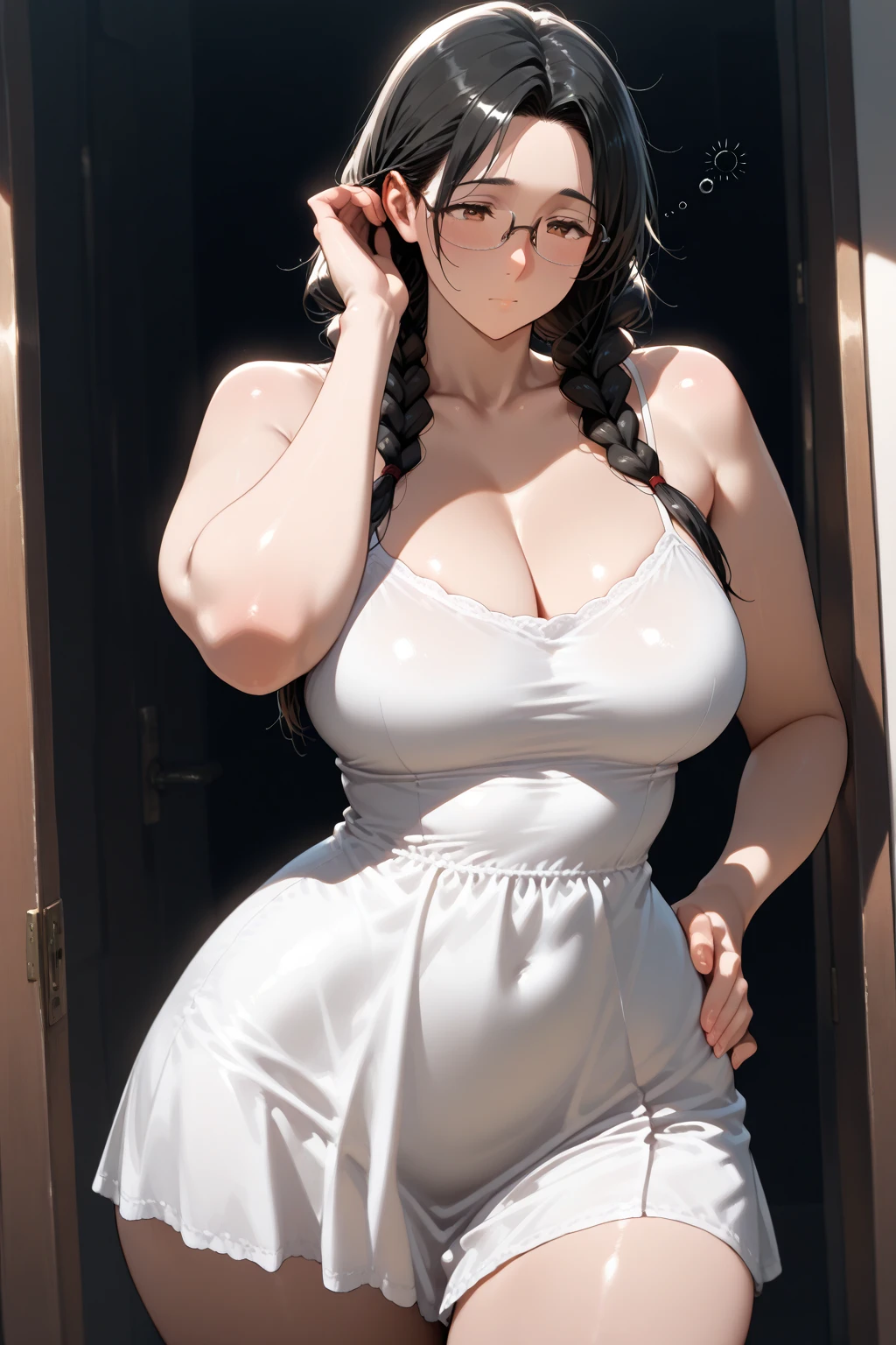 1 woman,solo,(cute:1.3),mature female,(chubby woman:1.2,huge footers:1.3,softy saggy breasts:1.3),(1 woman is standing in the room),((apron)),dark brown hair,long ponytail,(embarrassed:1.5,blush:1.3,steam:0.2,sweat:0.4,feeling weak:1.3,parted lips),(puffy eyes),(masterpiece),indoor, detailed background,(full body,from front),looking at viewer