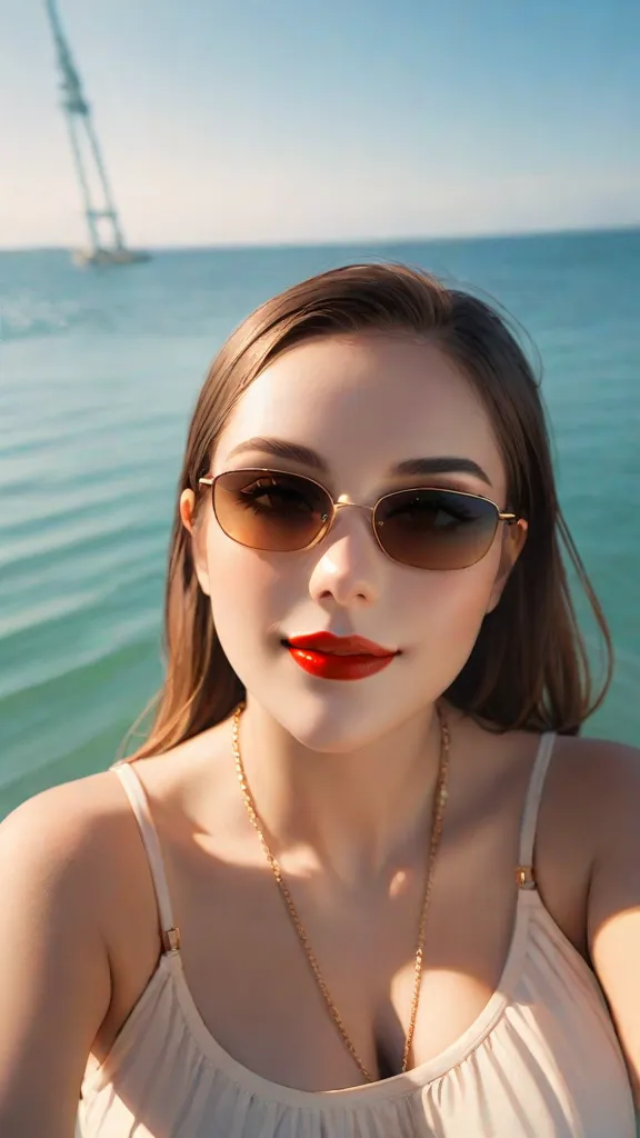 absurdres, RAW photo, highest quality, (masterpiece: 1.3), high detail RAW color photo, professional photo, extremely detailed CG 8k wallpaper unit, photo-realistic, realistic, RAW photo, masterpiece, best quality, highres, illustration,
1girl, 22 YEARS OLD, short, white, brown hair, Average length, thin legs, perfect gorgeous face, bright red lipstick, beautiful realistic eyes, round metal sunglasses, pale skin, detailed skin texture, natural large breasts. Smile. She looks amazing. Gothic style. Wet hair. Wet skin. Getting out of the pool.
(Micro bikini. simple design), Pool. Sun.