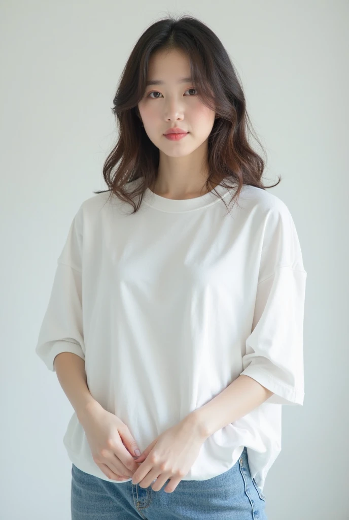 (top-quality、16K resolution) 1 girl、solo、natural soft light、smile, Looking at the camera、Long sleeve white T-shirt、Concrete background、Facing the front、is standing、Woman in her late teens、Light bangs、Salon model、Natural look、portlate、floated hair、Rolled hair