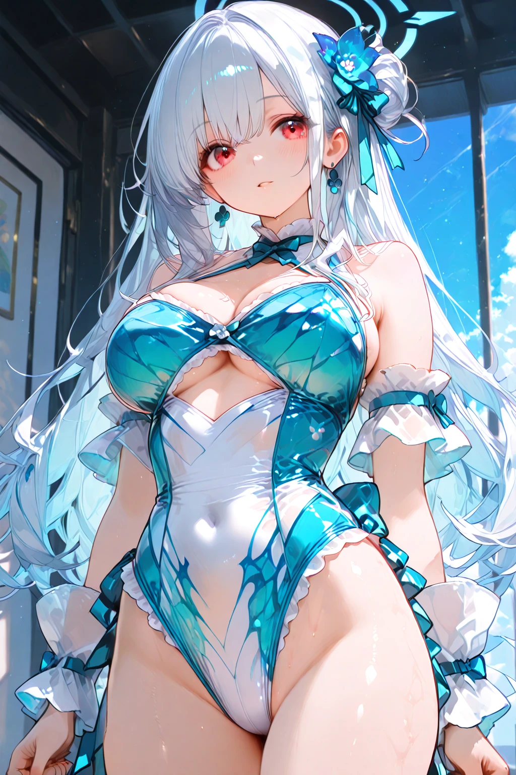 Long head with white hair, cute, red eyes, low cat ears, blushing, vaginal water, making sounds, panting, , white stockings, skirt pulled up, leaking out of the lower body