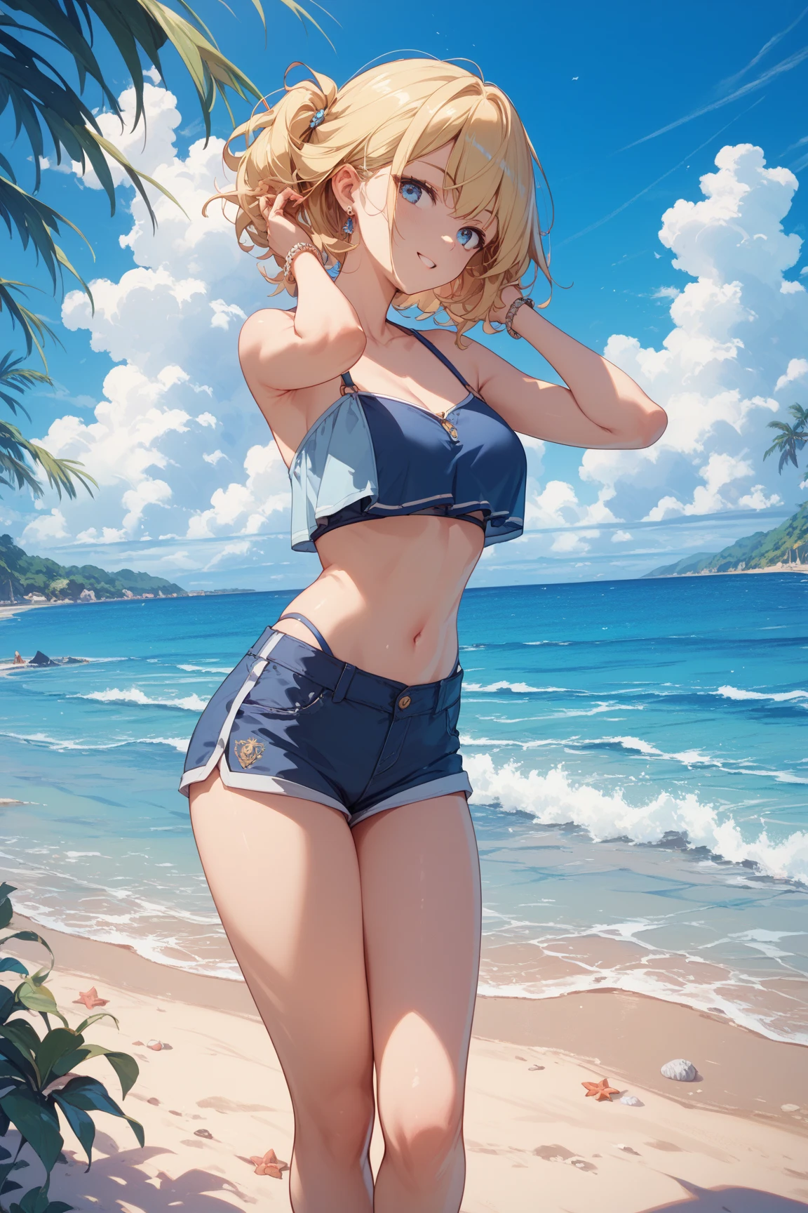 (highest quality, High resolution, perfect pixel, Depth of bounds written, 4K), (from front), beach, detailed eyes, (1 lady), tall, (skinny body:1.2) , (thin thighs:1.2), (Narrow hips:1.2), large breasts, blond hair, (ponytail:1.2), (yellow bikini:1.2), (unbutton:1.3), (cross halter bikini), (rio cut pants), (panty strap:1.3), (pose to show armpits by raising both hands), (denim short panty zip down), (clear face), sweat,