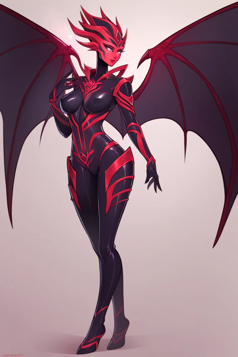 full body picture Unreal Engine 5 8K UHD of demon female, dark red skin, have 4 eyes with gold glowing, have demon wings, evil but seductive smile, vampire teeth, have wisps flying around, dark environment, devouring soul of a knight, best quality, masterpiece