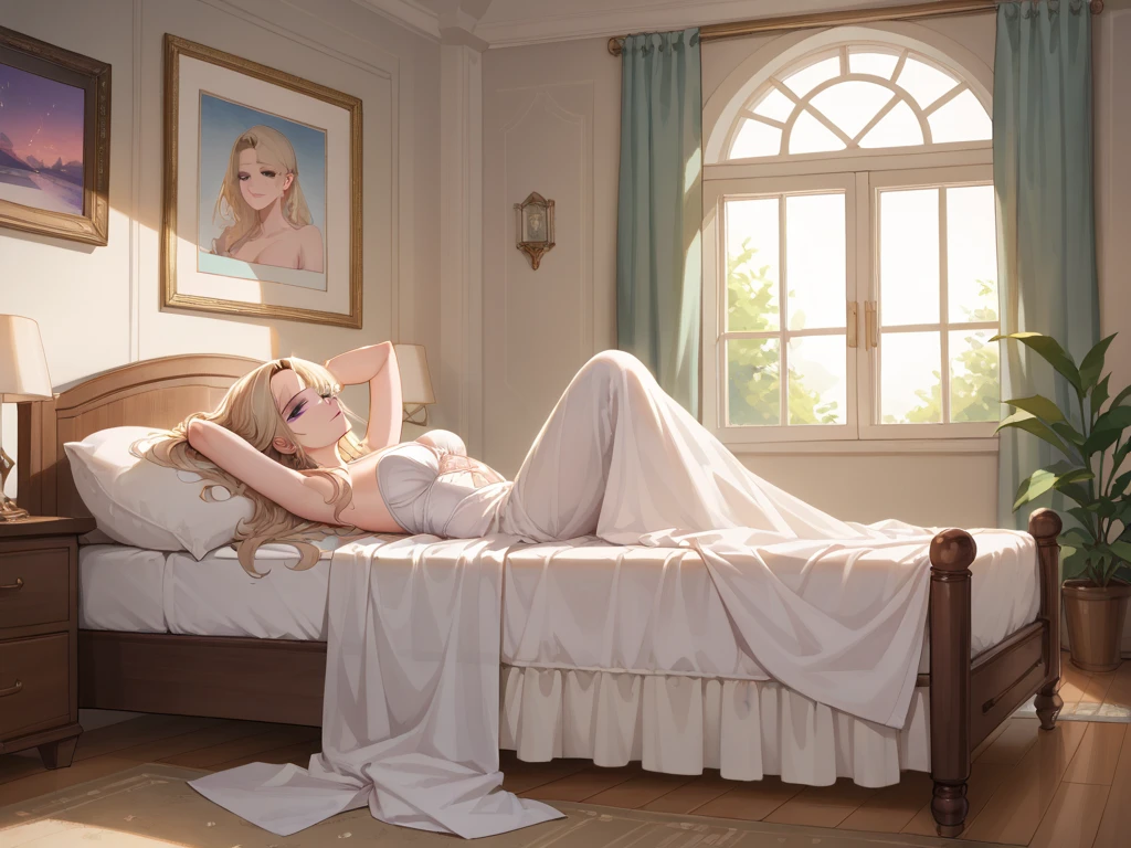 A bedroom in the morning on a holiday - a blond man lying on the bed，Handsome and beautiful，Long blond hair，Snow-white skin，Naked，Cross your legs and sway them back and forth，The quilt covers from the thighs to the waist，The long golden hair fell on the quilt with some morning mess.，Slightly raised front，Support your upper body with your arms，On the pillow，Reading a book in hand。Screen occupied by bed 3/Space for 5。There is a window above the bedside table，Outside the window is the beautiful blue sky and distant mountains with plants。Next to the bed is a bedside table，There is a blue and white porcelain flower pot and hot tea on the bedside table.。Next to the bedside table is the wardrobe，Wardrobe door half open，A black coat and a white coat can be vaguely seen in the closet。HD，High Detail，Anime style