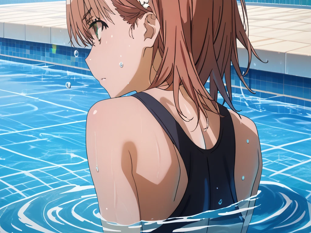 best quality, insanely detailed, miku nakano, one-piece swimsuit, breasts, blush, swimming pool background, back style, look into the distance