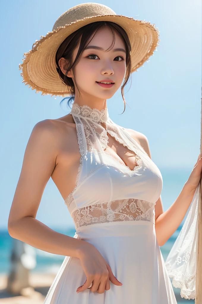 (8K, Realistic, RAW Photos, Highest quality: 1.4, detailed),Japanese idol-style beautiful girl,1 person,18-year-old,(Short Bob),(Silver Hair),(Hair fluttering in the strong wind),She has her hair tucked behind her ears,Large, clear grey eyes,Long eyelashes,(piercings(small)),(Lip gloss),lips(Plump,glossy),Translucent white and finely textured skin,Thin and delicate shoulders,Breast of beautiful shape,thin abdomen,Firm waist,Upward hips,barefoot,Swimwear(lace corset bustier,Pareo),Tropical seaside,White sand beach,Smiling at the camera,Full body portrait