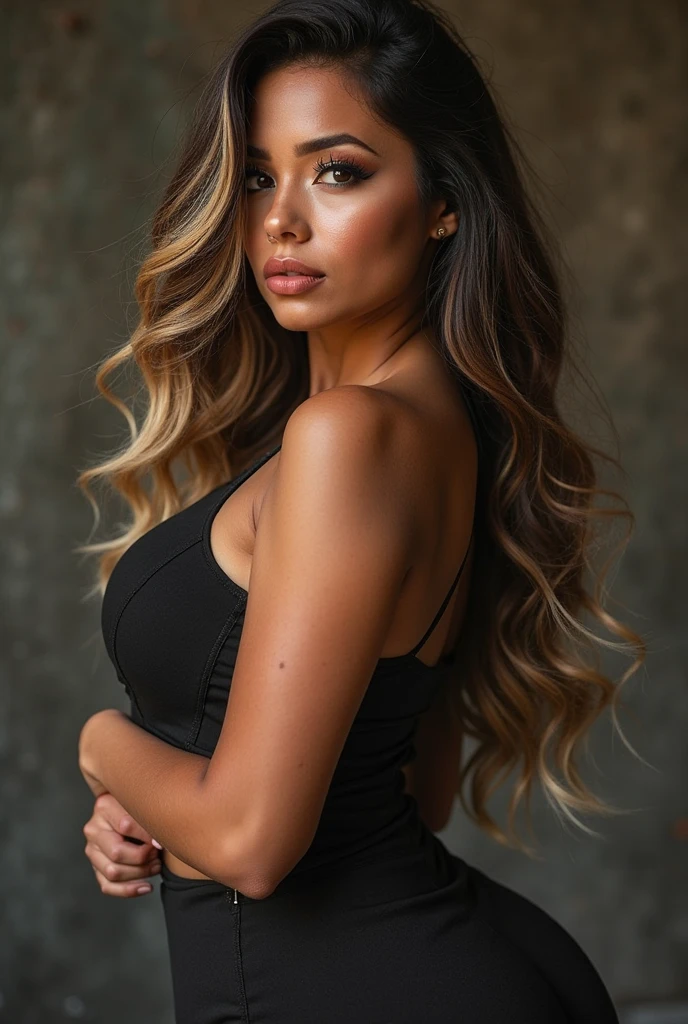 best quality, ultra high res, (photorealistic:1.4), masterpiece, 1girl, brown skin color, brown_eyes, from_behind, fur_trim, hair_over_one_eye, lips, long_hair, make up, looking_at_viewer, looking_back, nose, photo_\(medium\), photorealistic, realistic, solo, teeth, full_body