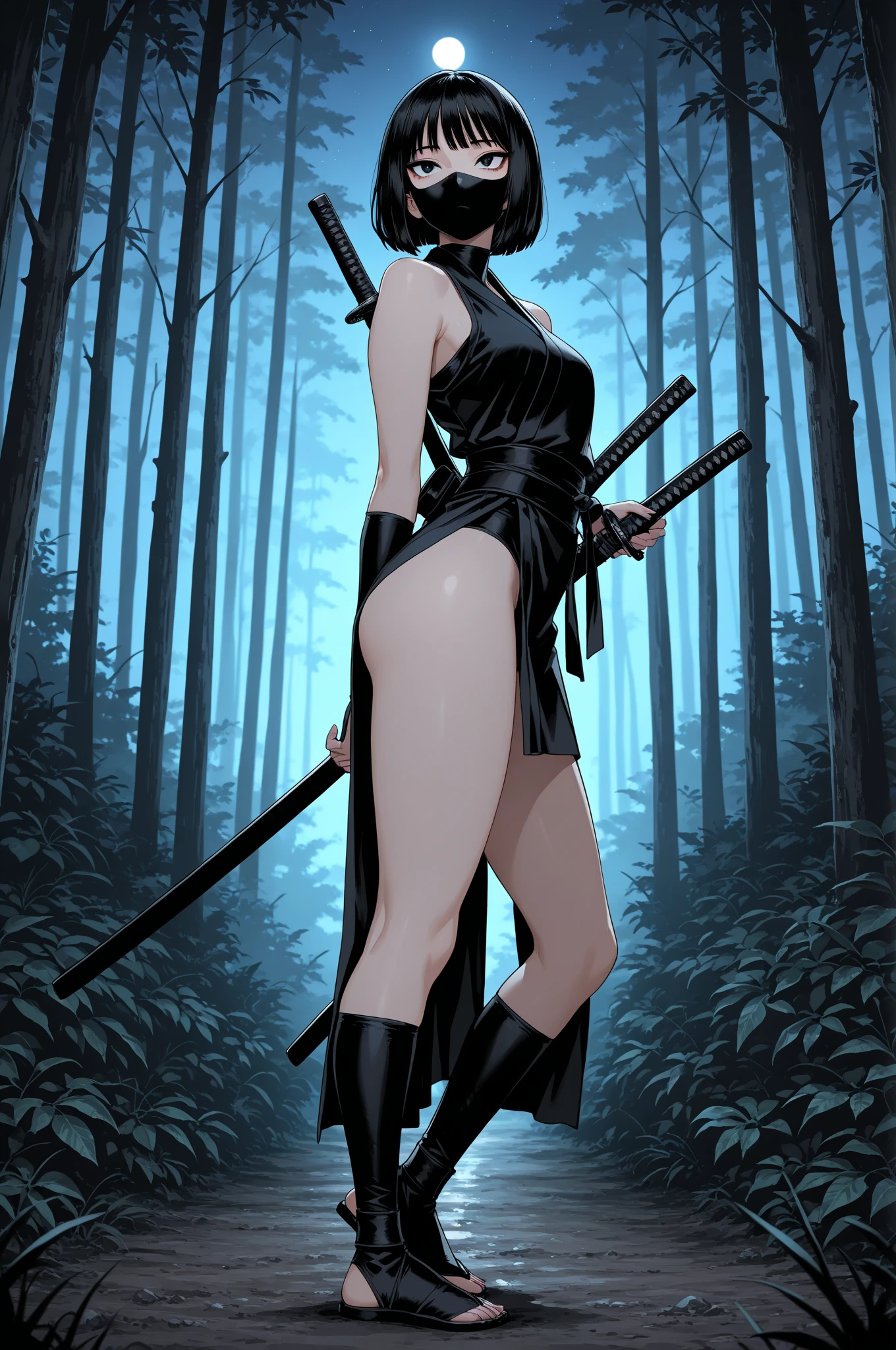 full body,dutch angle,{{masterpiece}}, {{{best quality}}},{{ultra-detailed}}, {{illustration}}(Beautiful and fine eyes)、female martial artist,　Elegant Fighting Pose,black shorts　,fingerless gloves,pelvic curtain,Black pantyhosens,martial arts belt,short boots,Lace-patterned arm cover,sweating　,in the middle of a bamboo grove