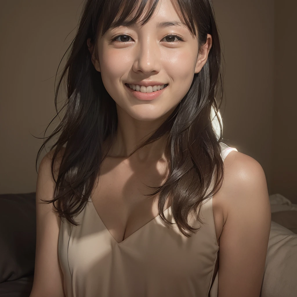 masterpiece, Best quality, Skinny Japanese woman, 40 years old, sexy nightwear, on the bed in a hotel room, correct body structure, slight smile, perfect face, detailed face, detailed eyes