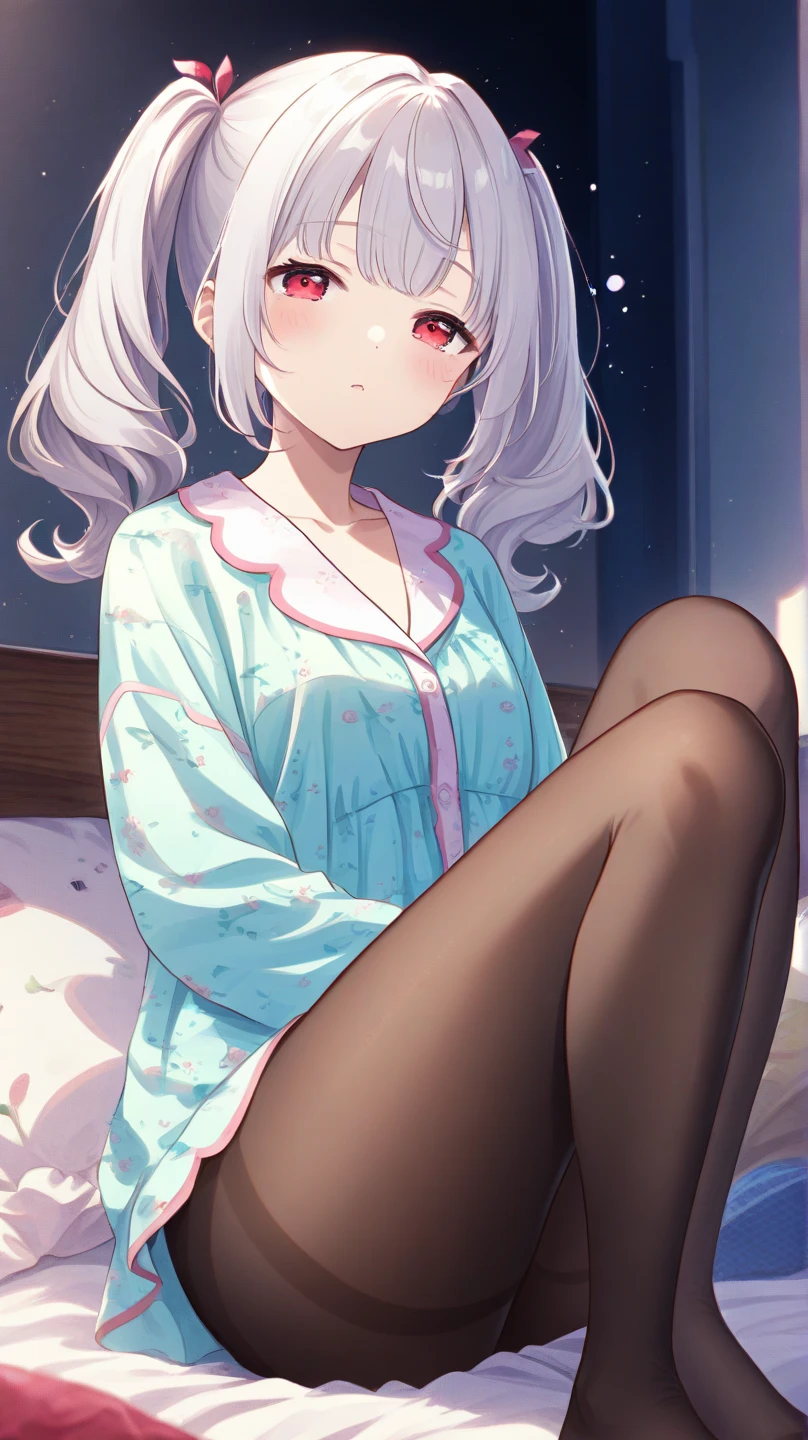 beautiful illustration, best quality, cute girl, bed, lying, sleeping, pillow, pajamas, thigh, silver hair, moody lighting, from side