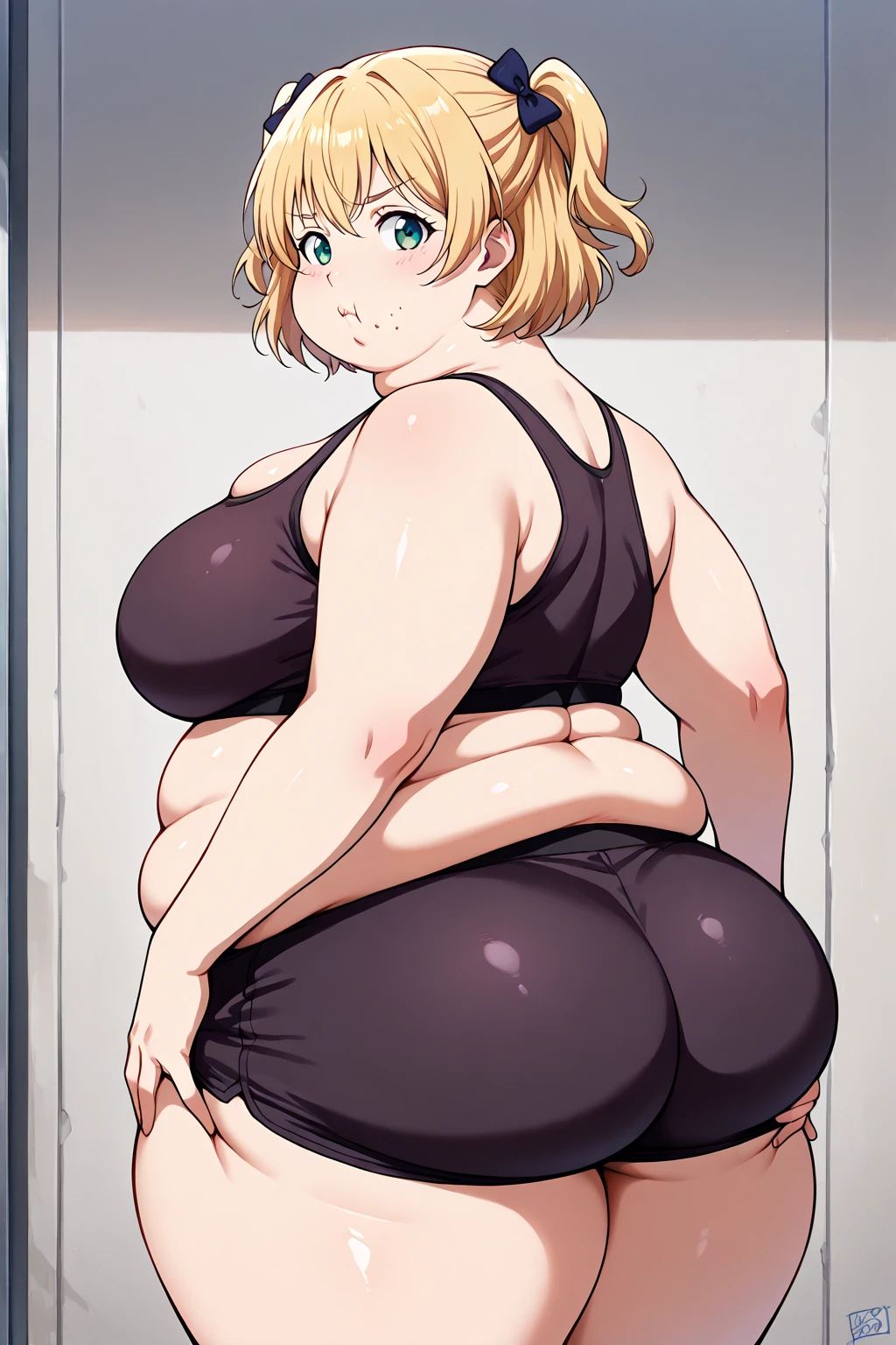 ((highres)), Masterpiece, high quality, best quality, beautiful, perfect lighting, detailed face, ultra cute face, ((1girl)), ((solo)), ((blush)), embarrassment, blonde hair, fluffy hair, blue eyes, crop top and shorts, tight clothes, clothes store, medium breasts, cleavage, perky breasts, (wide hips), ((thick thighs)), (chubby), fat folds, belly hang, 