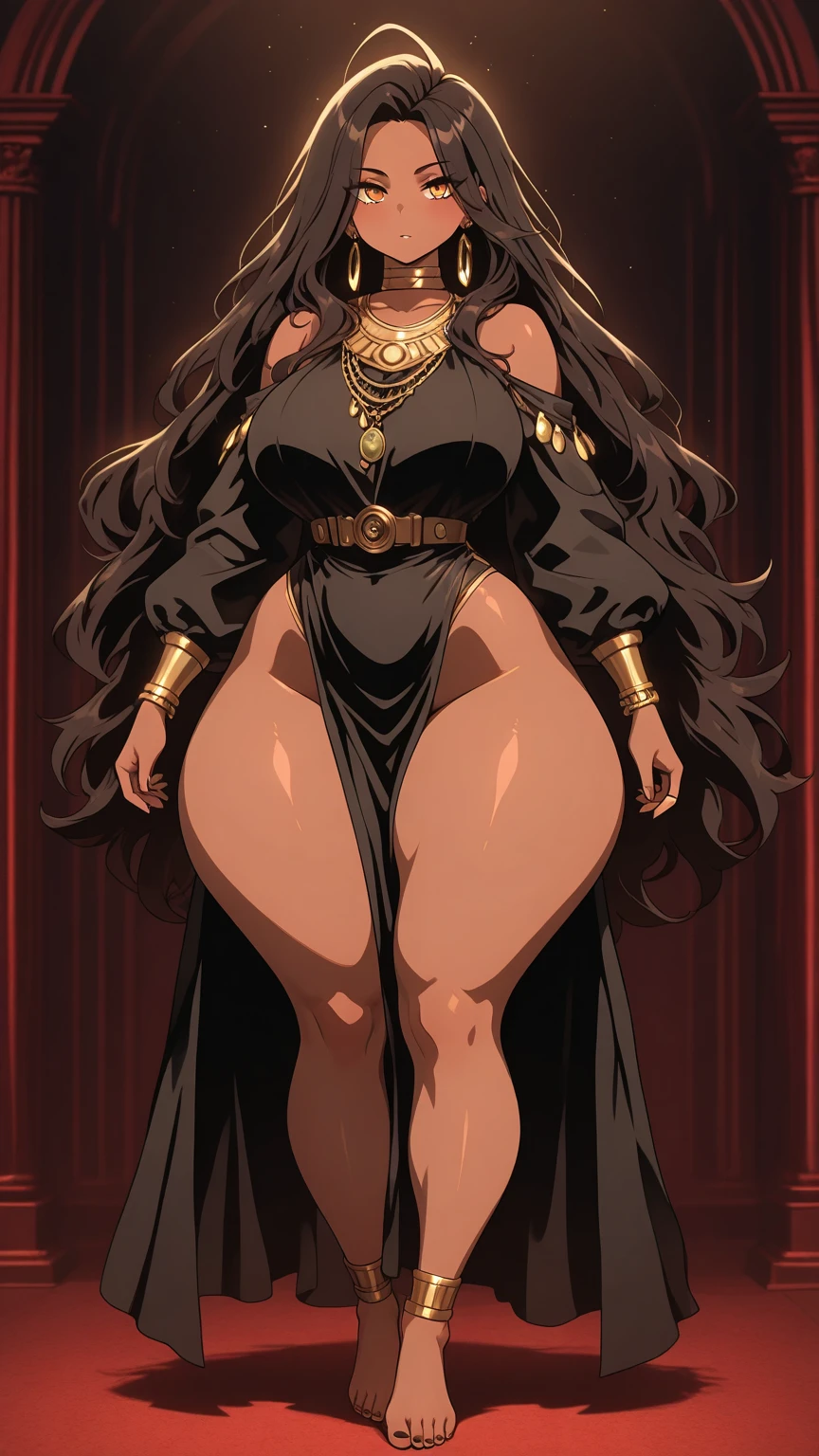 Anime woman in a black dress standing in a room with red sofas, Chica anime con un vestido negro, ojos verdes, sonriendo, Primer plano de cuerpo completo, seductora chica de anime, Anya de Spy X Family, succubus in tight short dress, entrepierna, arte oficial, Diosa del anime, cuerpo completo!!, Chica manga anime negra, Nico Robin, Escena de entrepierna moody