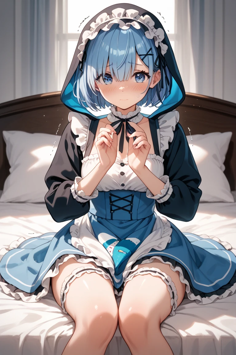 (nsfw:1.4), (maid:1.5)、embarrassed, Eyes for Help, red cheeks, pleasure, cry, close your mouth, love juice, head tilt、whole body、((raise one's clothes above one's chest, Clothes with no defects, on the bed)), volume lighting, soft light, (Ultra high definition), (real face)