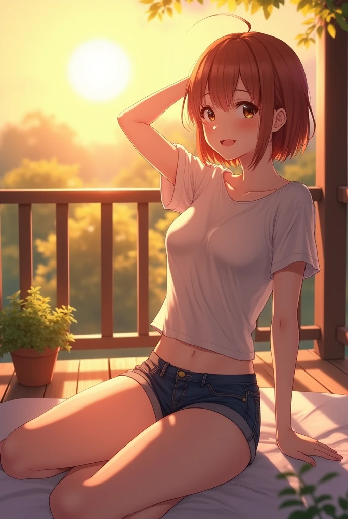 best quality, 1girl, solo, (light blush:0.5), (blush:0.2), (small breasts:1.1), smile, (petite:0.5), sketch, (t-shirt:1.6), no bra, (nipple outline:0.9), (covered nipples:1.5), (14 years old:0.5), sunlight, sun beams, sitting on grass, sitting down, park, surrounded by flowers, (evening setting), sweet expression, (sfw:0.7), (ecchi:1.2), happy, (white panties:1.4), cameltoe, ako_suminoe