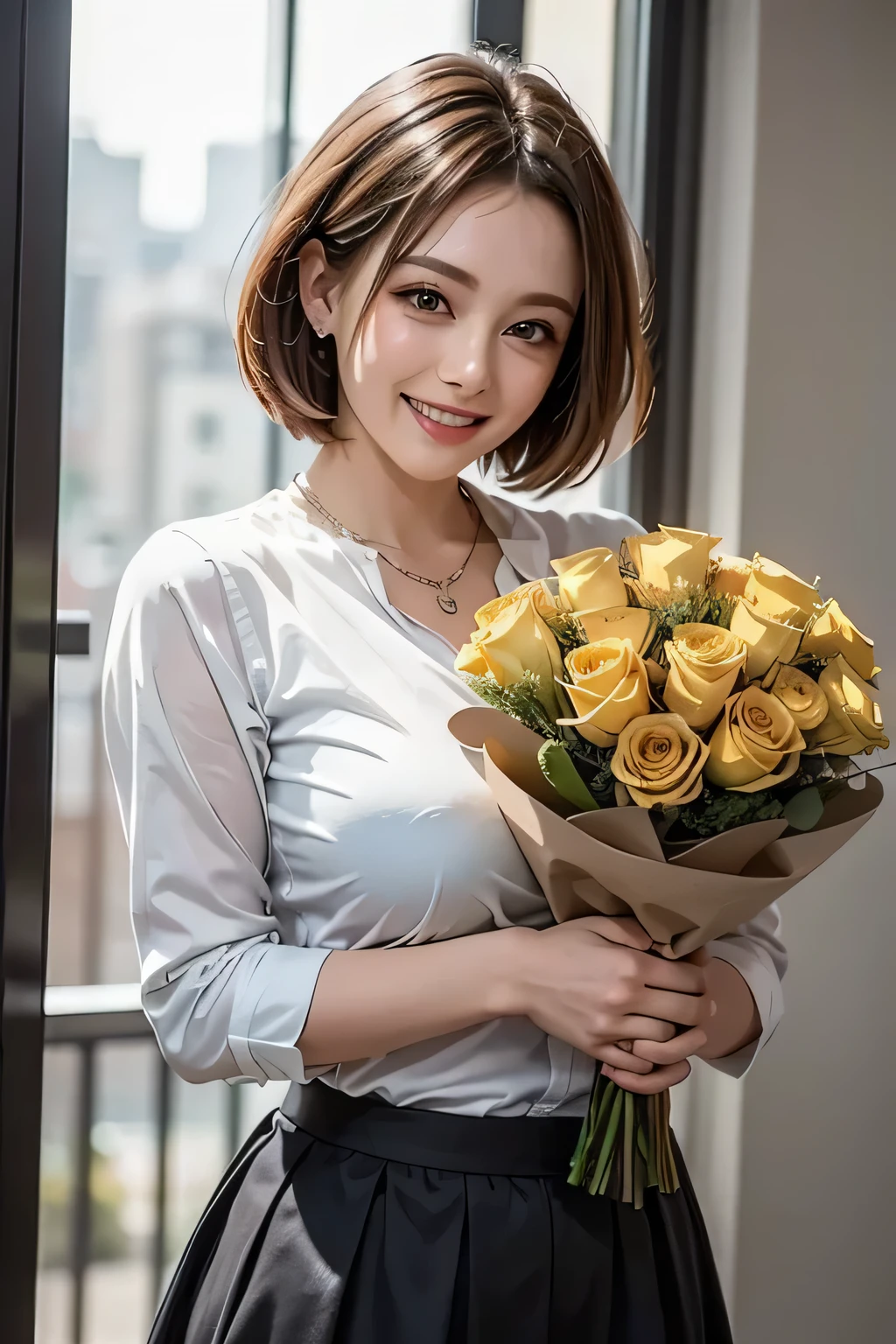 (masterpiece,  top quality, high resolution, surreal, Perfect Pixels, realistic, 4K), 1girl, solo, beautiful face, Mature Woman, beautiful dark brown eyes, eyelashes, double eyelids, realistic eyes, grin,  perfect teeth, short hair, necklace, huge breasts,  ((Holding large bouquet of roses with both hands)), ((wearing light yellow long browse, black tight mini skirt)), (thighs), stands at nighttime, amazing, (cowboy shot), (Background: flower park)