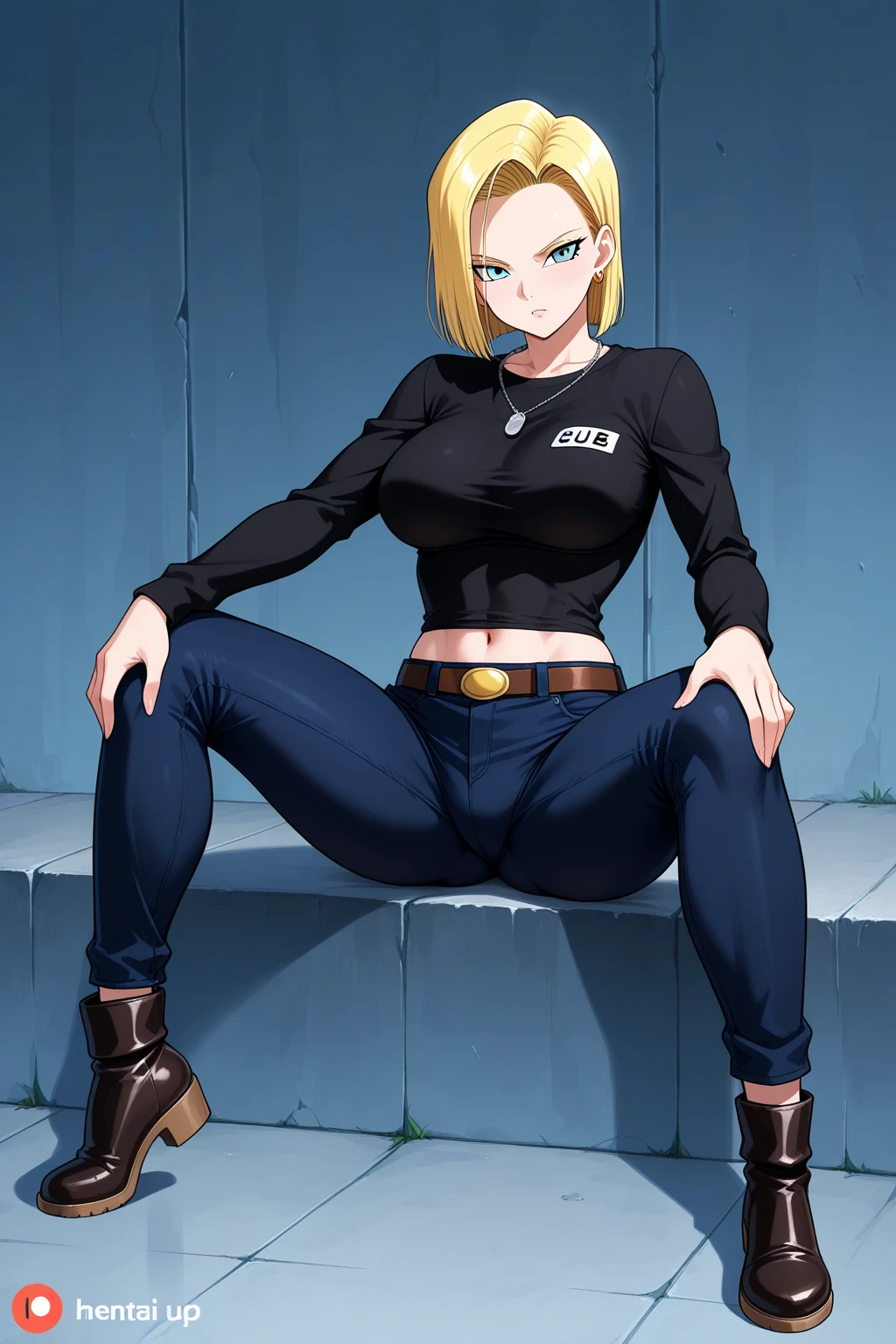 Best quality at best, A high resolution, and 18, 1girll, Android 18, 独奏, blond hairbl, eBlue eyes, thongs, denim pant, pearl_necklace, bangle, black glove, white shirt, short detailed hair, short- sleeved, 耳Nipple Ring, blue pants,Black tight short sleeves,Black stocking room, (废墟:1.3), (torn laundry:1.5), sitted, face expressionless, crossed legs,