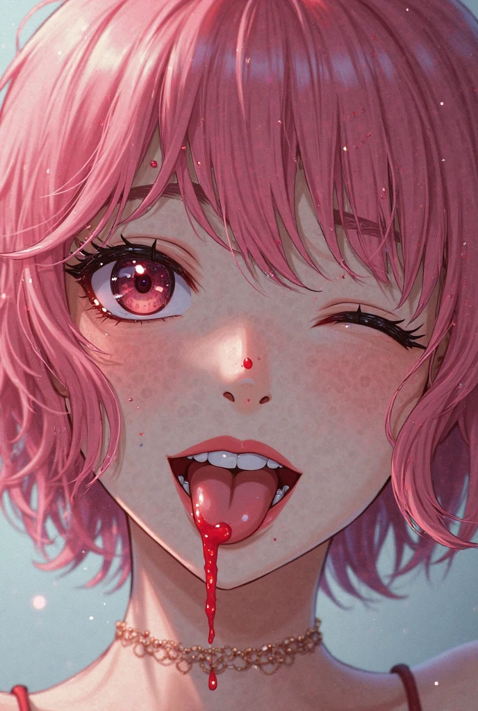(masterpiece), ((最high quality)), (masterpiece,最high quality,Official Art,Highly detailed CG Unity 8k wallpaper)、Beautiful Japanese Women、Face drawn in detail、Smooth Skin、(short pink hair:1.5)、Calm expression、high quality、Realistic、((Hollow Eyes:1.3))、A seductive smile、(Open your mouth and stick out your tongue:1.5)、(Looking up at the viewer:1.4)、(Saliva:1.9)、((Place one hand over your mouth))、Big Breasts