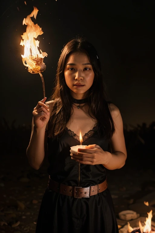 photo of a beautiful Korean woman, (beautiful smile facial expression), textured leather, goosebumps, long hair,fashion t-shirt.to keep the candle. dark and mysterious cave with unique rock formations and hidden wonders, perfect eyes, (candlelight, chiaroscuro), Porta 160 color, photographed with ARRI ALEXA 65, bokeh, sharp focus on subject, photographed by Don McCullin