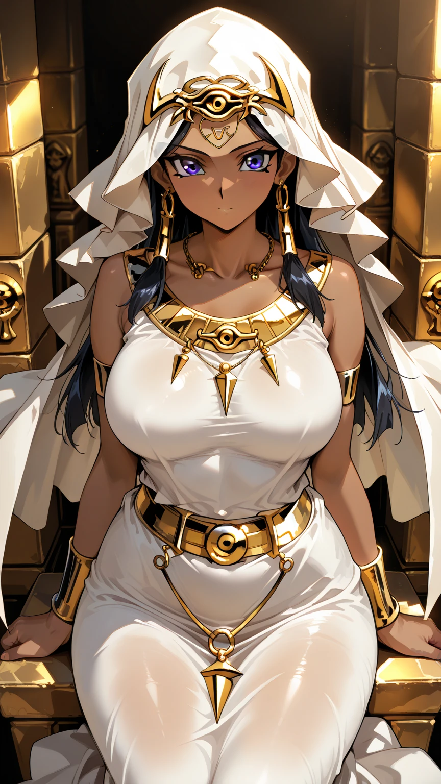 solo, female, sfw, medium shot, very long hair, straight hair, black hair, brown eyes, tan skin, huge breasts, kind smile, elegant, white egyptian robes, egyptian, palace, day, gold, jewelry, luxury, curtains, courtesan, humble, modest clothes