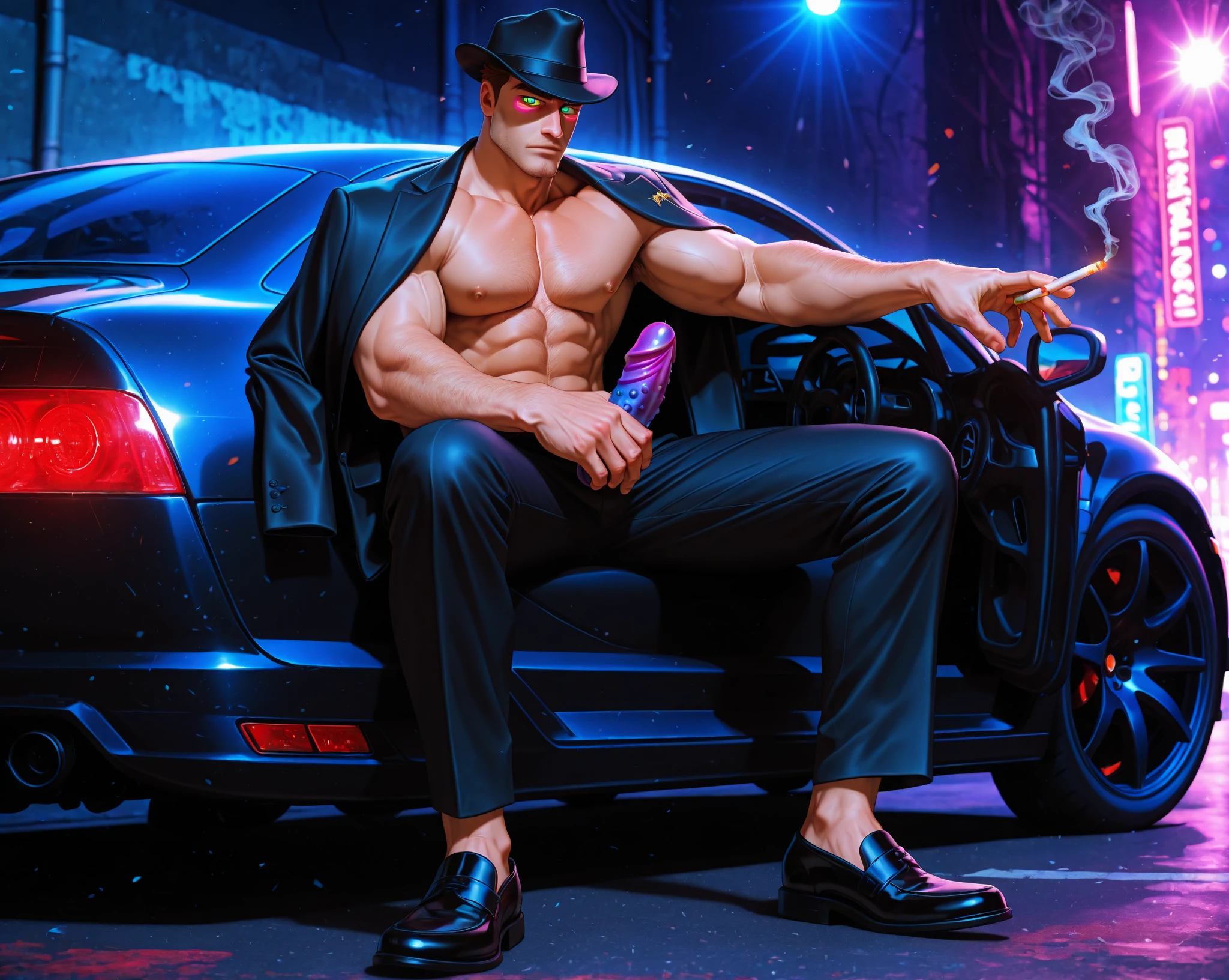 (masterpiece,best quality,ultra_detailed,highres,absurdres),1 mature male, 30-ish, (wide shoulder), ((no chest hair)), male, solo, short black Quiff hair with Soft Fringe (bangs part on side 3:7 ratio), simple background, blue eyes, full body, short hair, leaning against soorts car, parted lips, wet hair, shirtless, wearing thing, muscular and slim, with earrings and necklace, with open vest, with shoes, in the city background. High sunrise, Sexy, mature sex. Romantic sex, full body naked, crotch, perfect body proportion