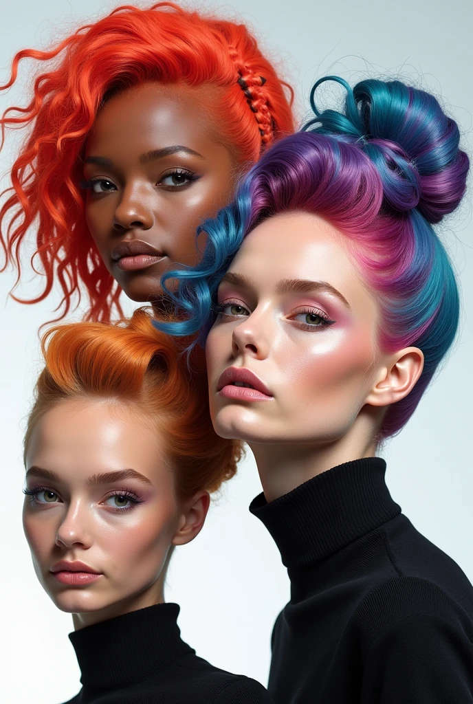Four 22 year old girl punk BDSM models, dyed hair.  Facing viewer, pastel theme, soothing tones, muted colours, high contrast, (natural skin texture, hyperrealism, soft light, sharp) glamour magazine